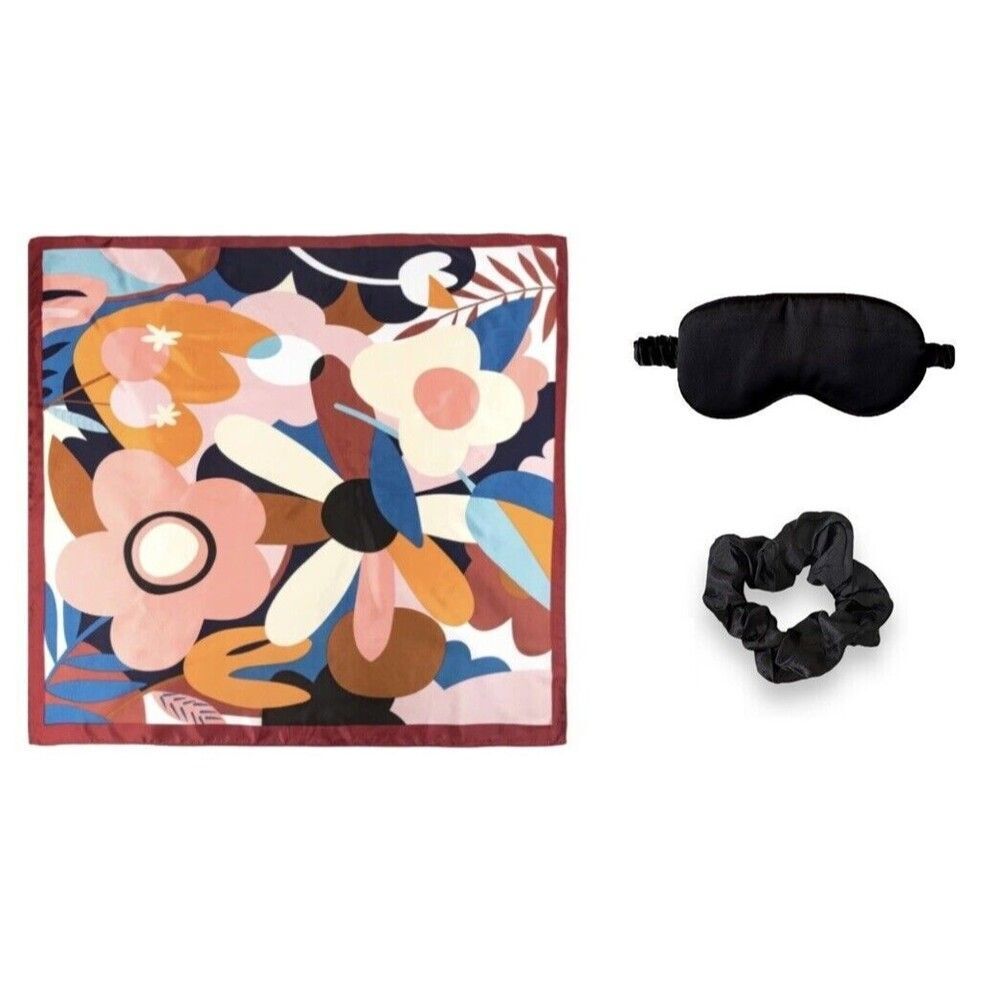 Set Of 3 Floral 35” X 35” Scarf With Black Sleep Mask And Small Black Scrunchie